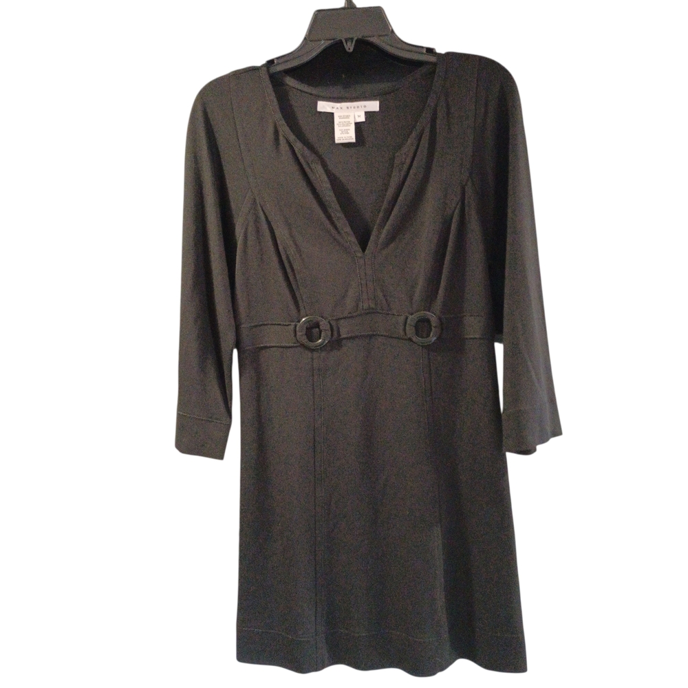 EUC Max Studio Black Knit Buckle Accent V-Neck 3/4 Sleeve Dress M Y2K 90s Vibes